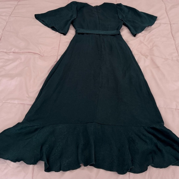 Lulus Wrapped Up in Love dark green faux wrap belted lined midi Dress, size XXS - Picture 15 of 16
